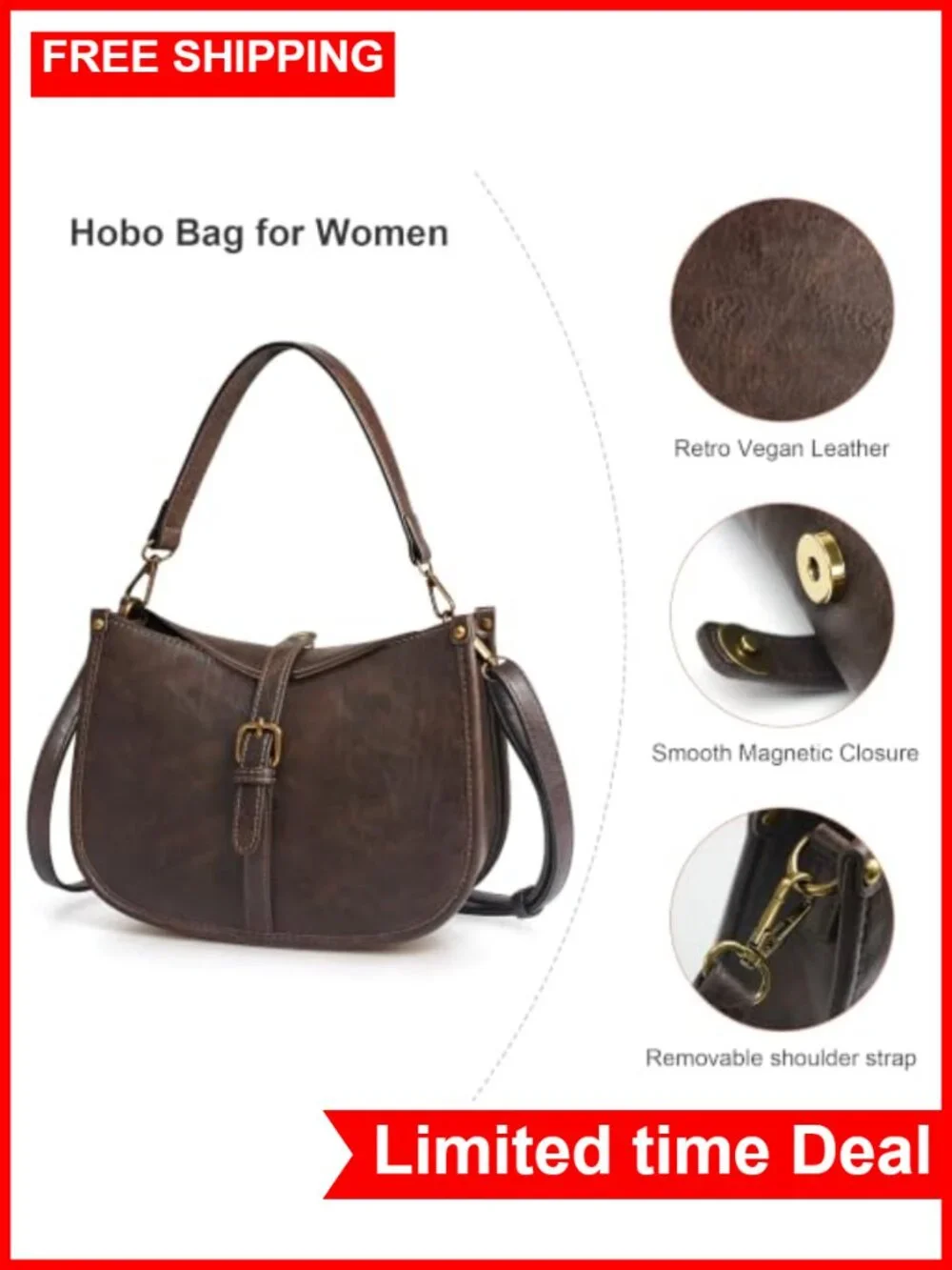 Vegan Leather Hobo Shoulder Bag Women Vintage Crossbody Purse